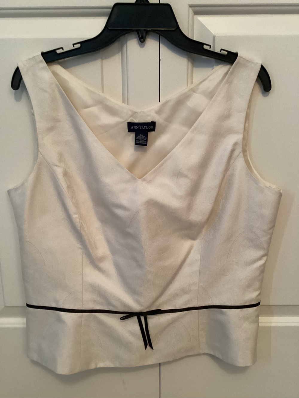 Ann Taylor Ivory V-Neck Sleeveless Top with Black Waist Trim